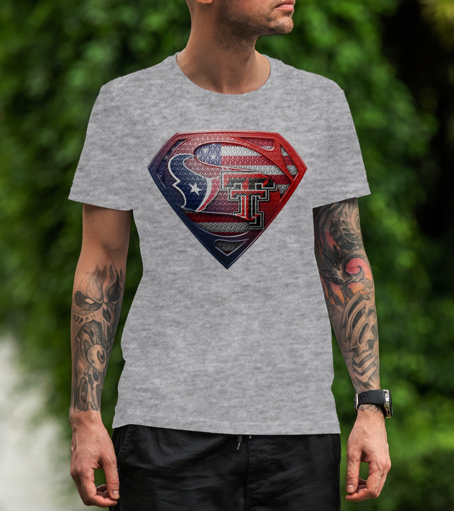 Superman Shield Texas Tech Red Raiders Houston Texans Usa Flag T-Shirt
