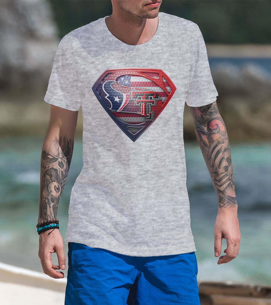 Superman Shield Texas Tech Red Raiders Houston Texans Usa Flag T-Shirt