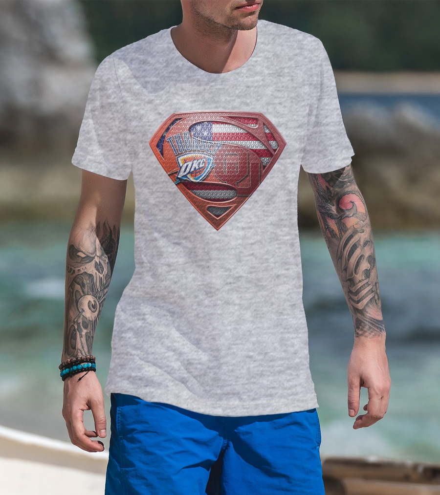 Oklahoma City Thunder American Flag Superman Ou Logo Fusion T-Shirt