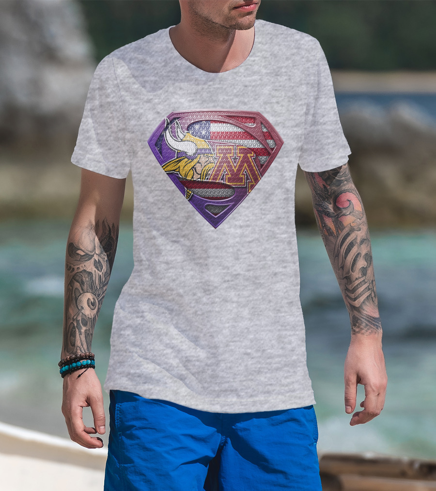Minnesota Vikings And Golden Gophers American Flag Superman T-Shirt
