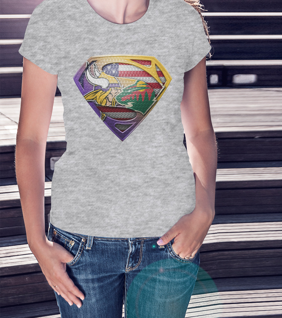 Superman Shield Minnesota Vikings Wild Usa Flag Combination T-Shirt