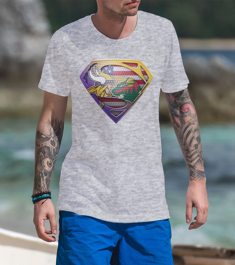 Superman Shield Minnesota Vikings Wild Usa Flag Combination T-Shirt