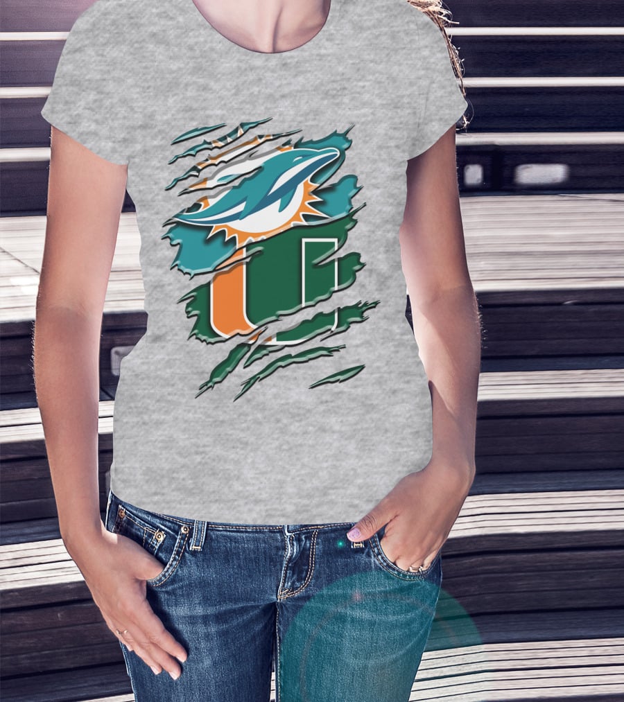Miami Dolphins And University Of Miami Hurricanes Torn Design Rah 052 T-Shirt