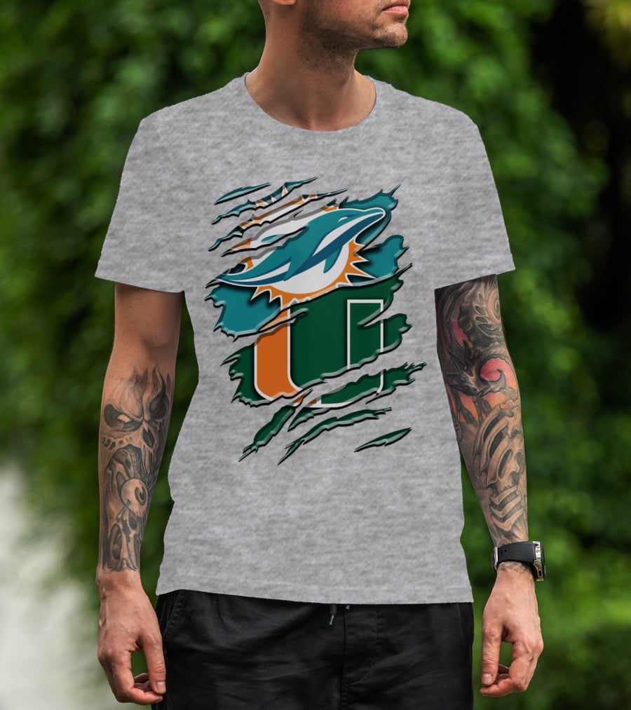 Miami Dolphins And University Of Miami Hurricanes Torn Design Rah 052 T-Shirt