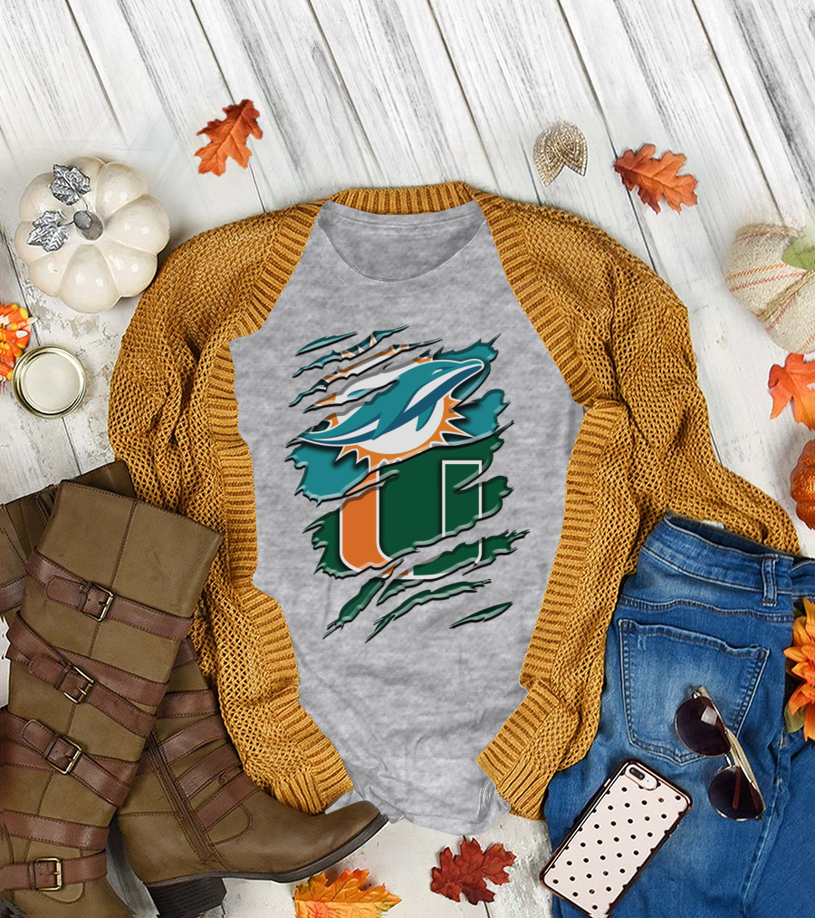 Miami Dolphins And University Of Miami Hurricanes Torn Design Rah 052 T-Shirt