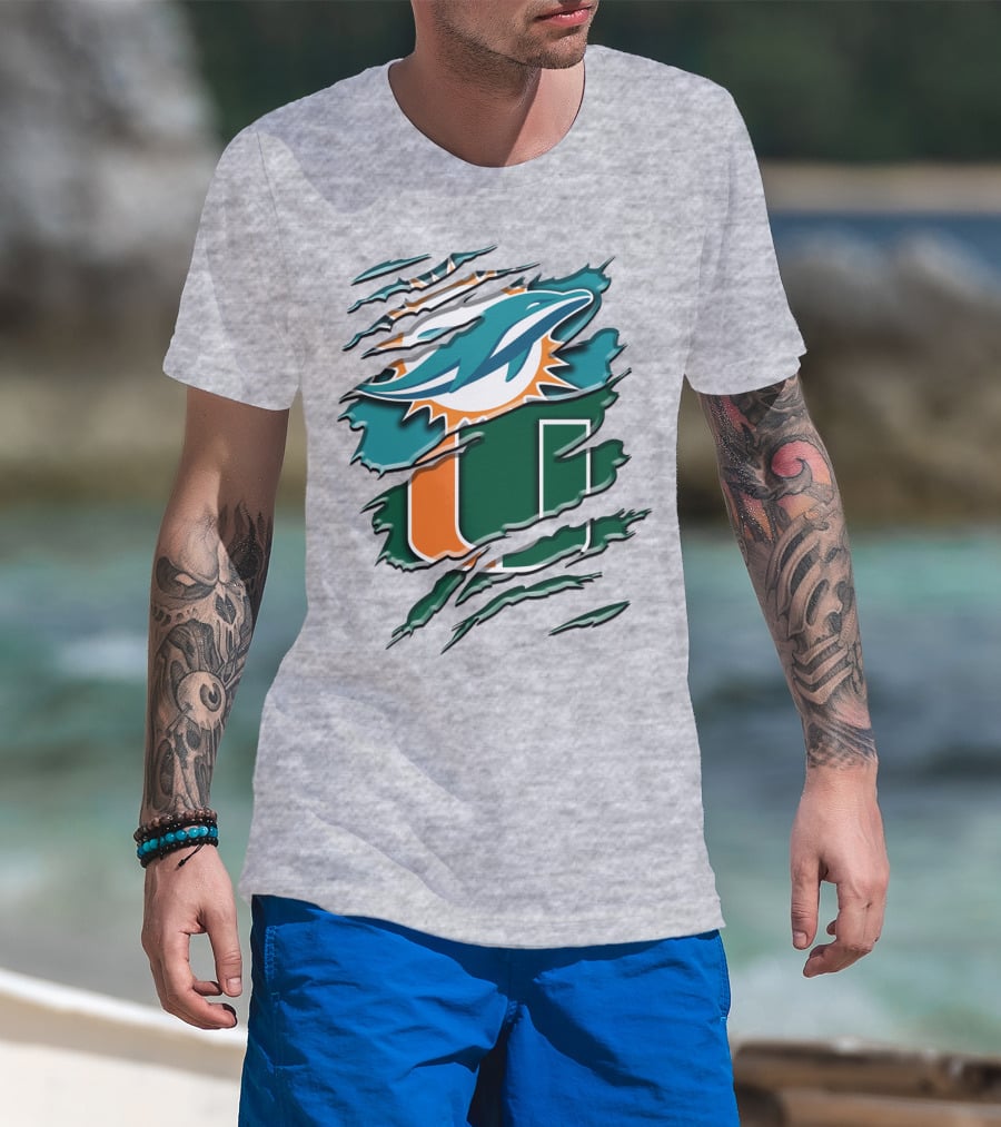 Miami Dolphins And University Of Miami Hurricanes Torn Design Rah 052 T-Shirt