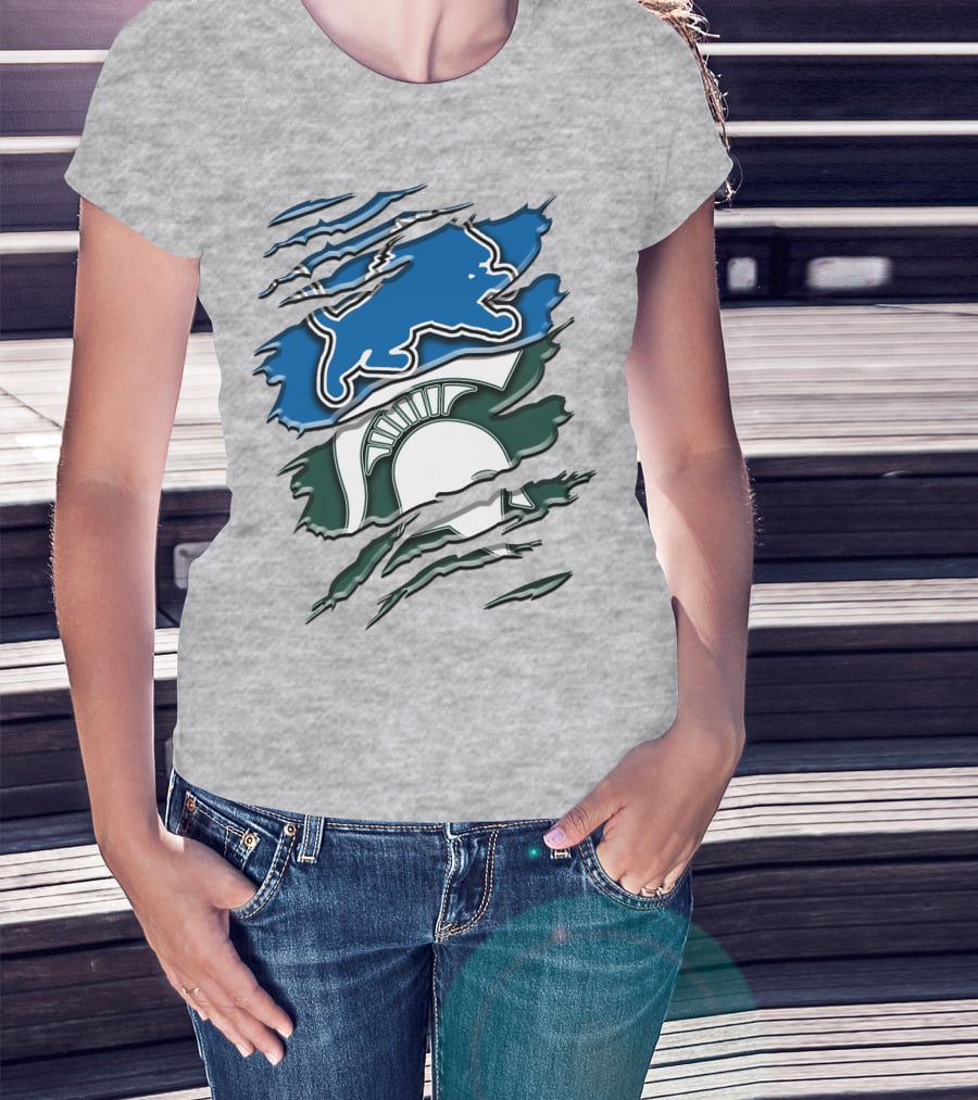 Detroit Lions Michigan State Spartans Ripped Claw Scratch Design Rah 076 T-Shirt