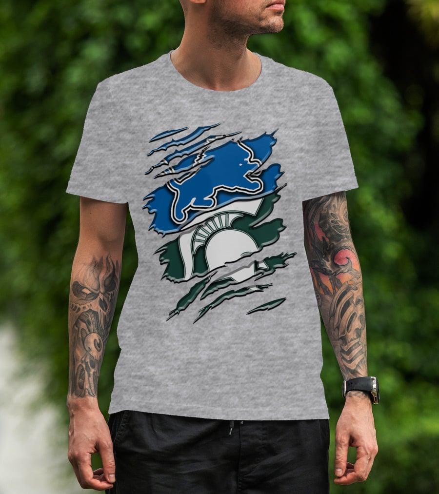 Detroit Lions Michigan State Spartans Ripped Claw Scratch Design Rah 076 T-Shirt