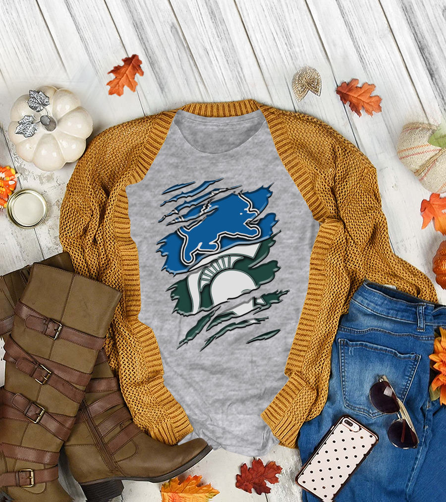Detroit Lions Michigan State Spartans Ripped Claw Scratch Design Rah 076 T-Shirt