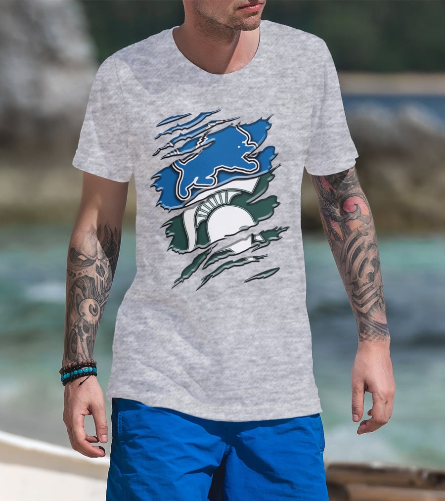 Detroit Lions Michigan State Spartans Ripped Claw Scratch Design Rah 076 T-Shirt