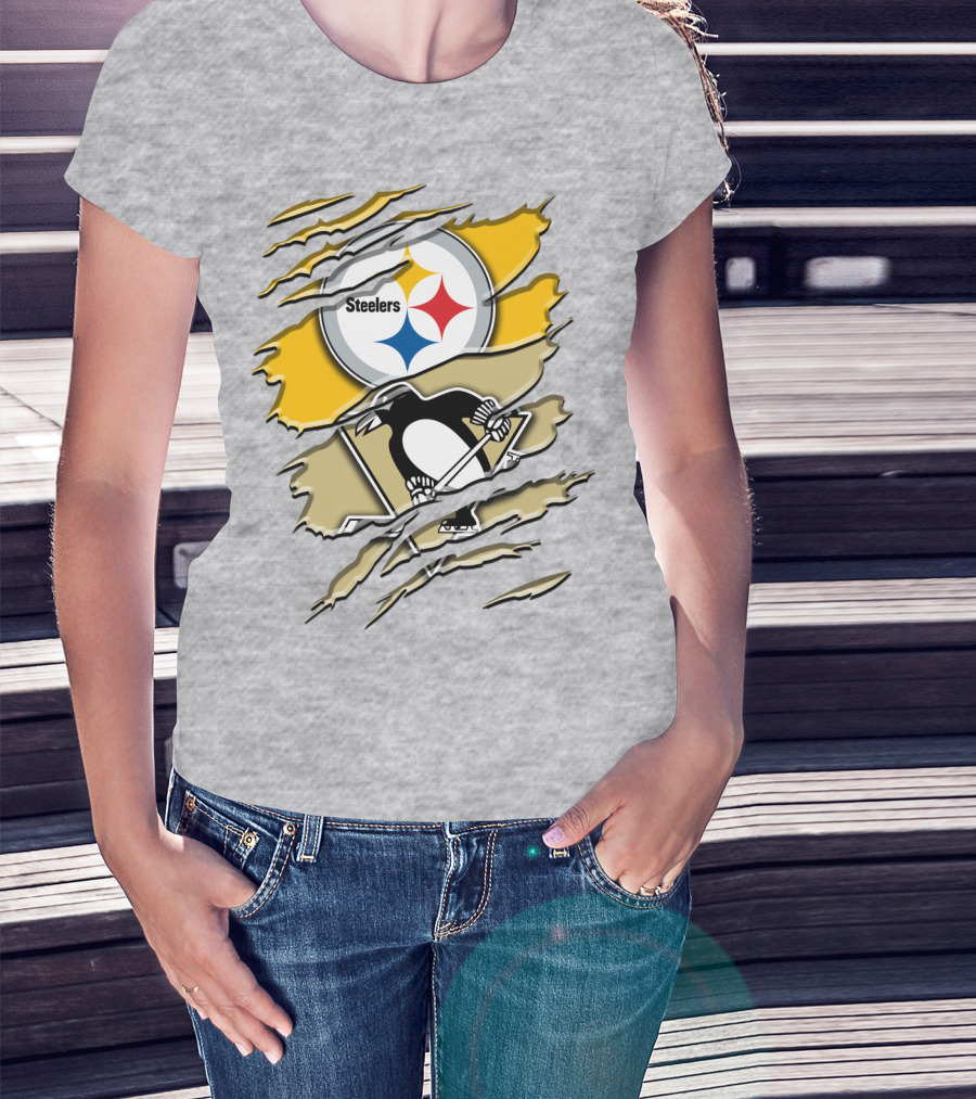 Steelers Penguins Torn Scratches Logo Collaboration T-Shirt