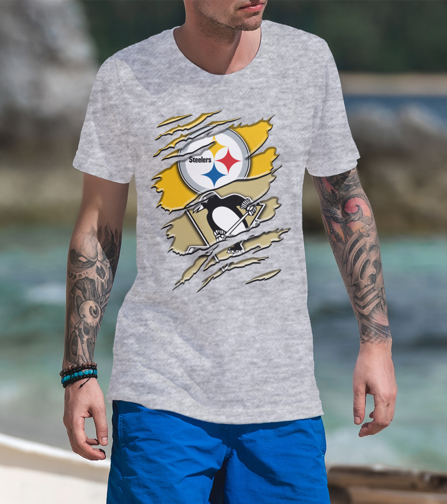 Steelers Penguins Torn Scratches Logo Collaboration T-Shirt
