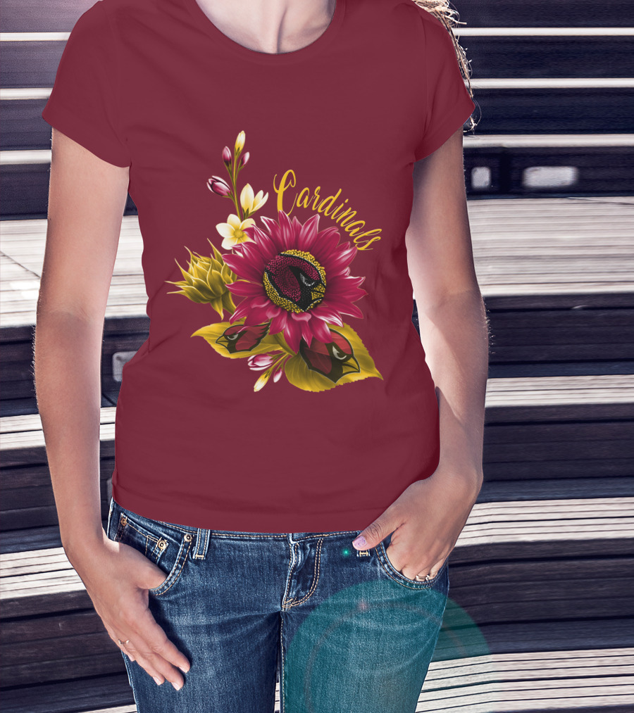 Cardinals Floral Sunflower And Bird Art On Red T-Shirt