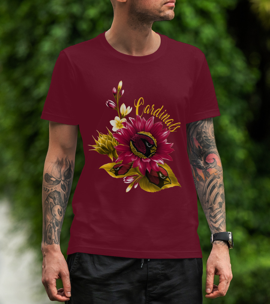 Cardinals Floral Sunflower And Bird Art On Red T-Shirt