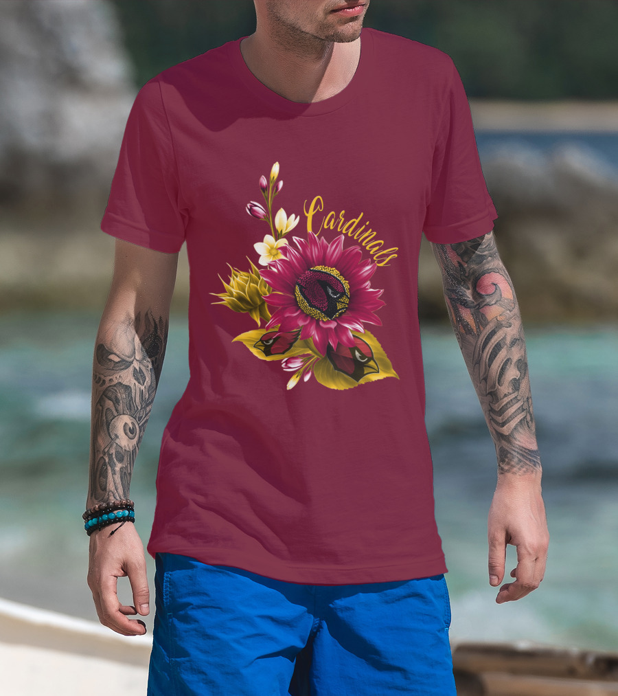 Cardinals Floral Sunflower And Bird Art On Red T-Shirt