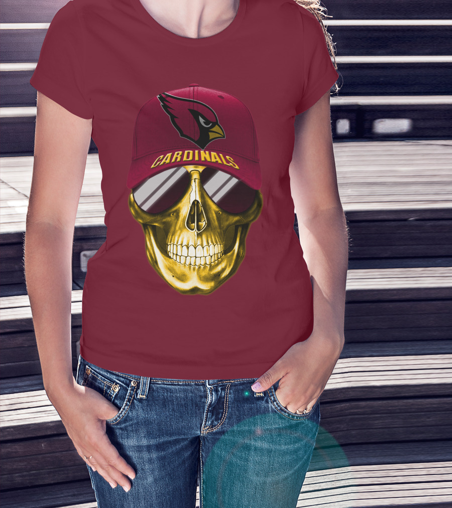 Arizona Cardinals Skull With Hat And Sunglasses T-Shirt
