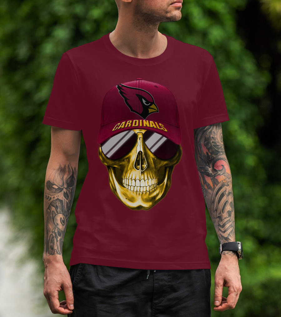 Arizona Cardinals Skull With Hat And Sunglasses T-Shirt