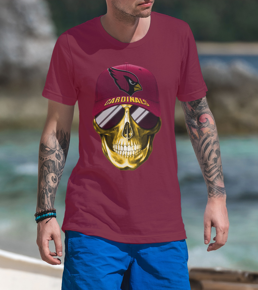 Arizona Cardinals Skull With Hat And Sunglasses T-Shirt