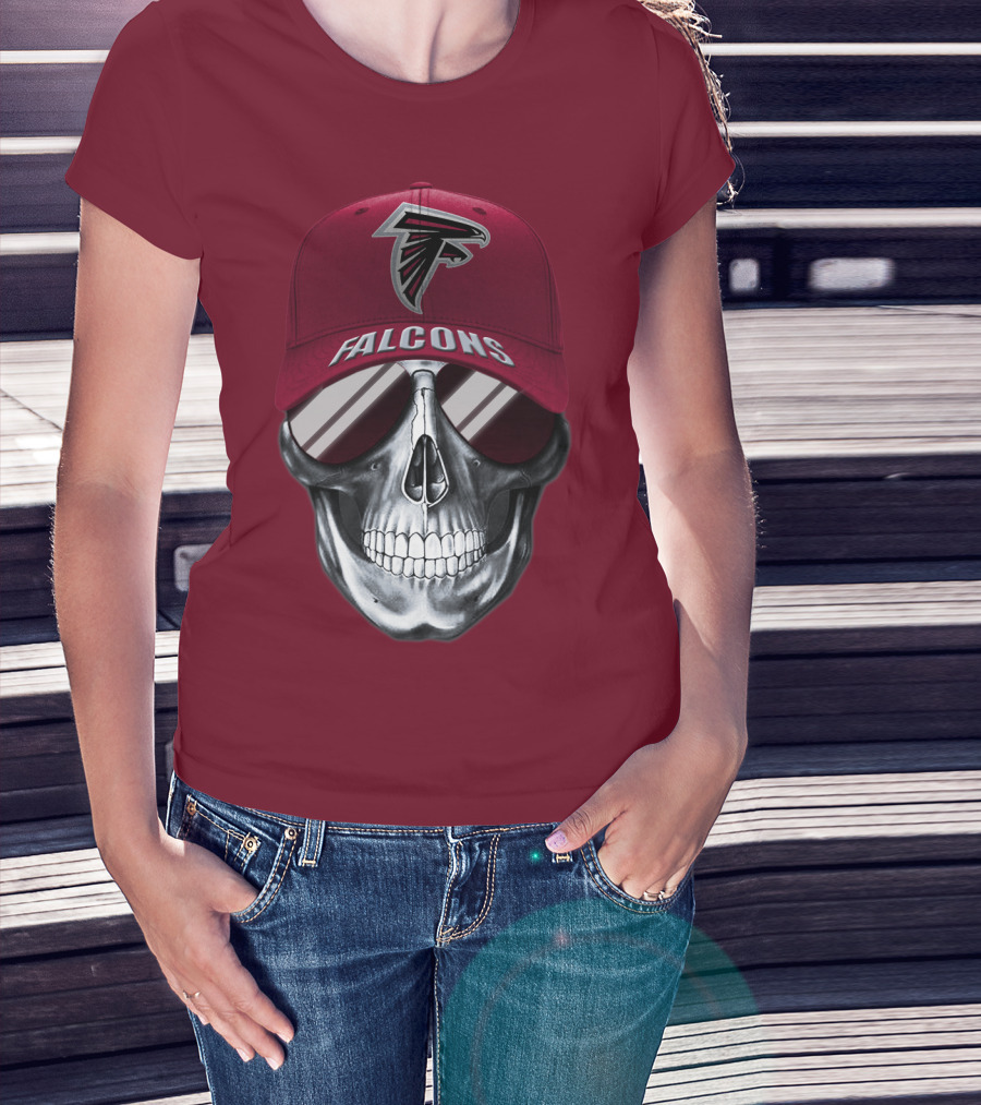 Atlanta Falcons Skull With Logo Hat And Sunglasses T-Shirt