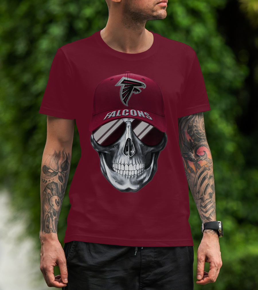 Atlanta Falcons Skull With Logo Hat And Sunglasses T-Shirt