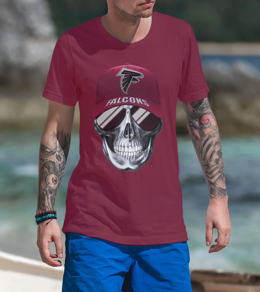 Atlanta Falcons Skull With Logo Hat And Sunglasses T-Shirt