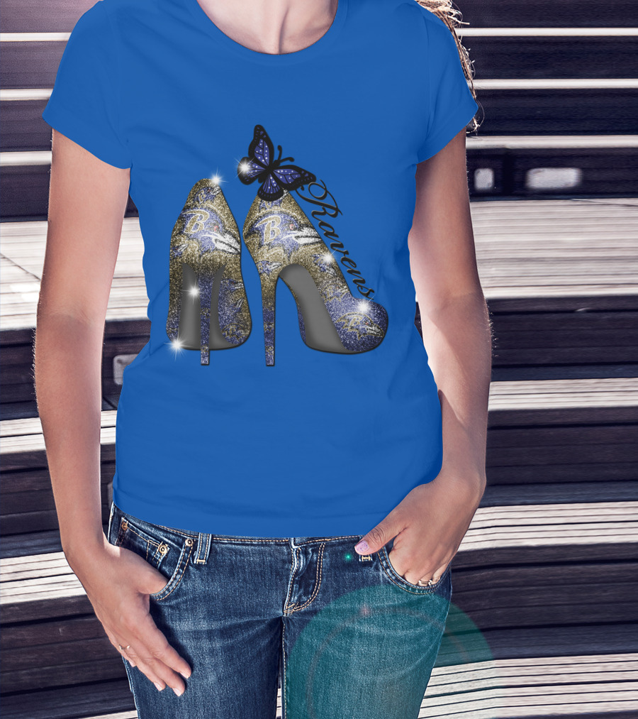 Ravens High Heels With Butterfly Baltimore Ravens Logos T-Shirt