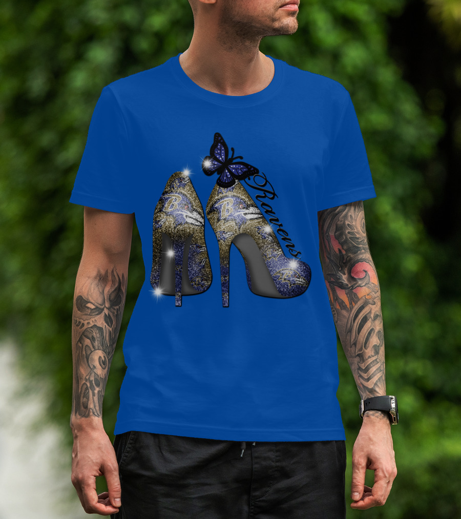 Ravens High Heels With Butterfly Baltimore Ravens Logos T-Shirt