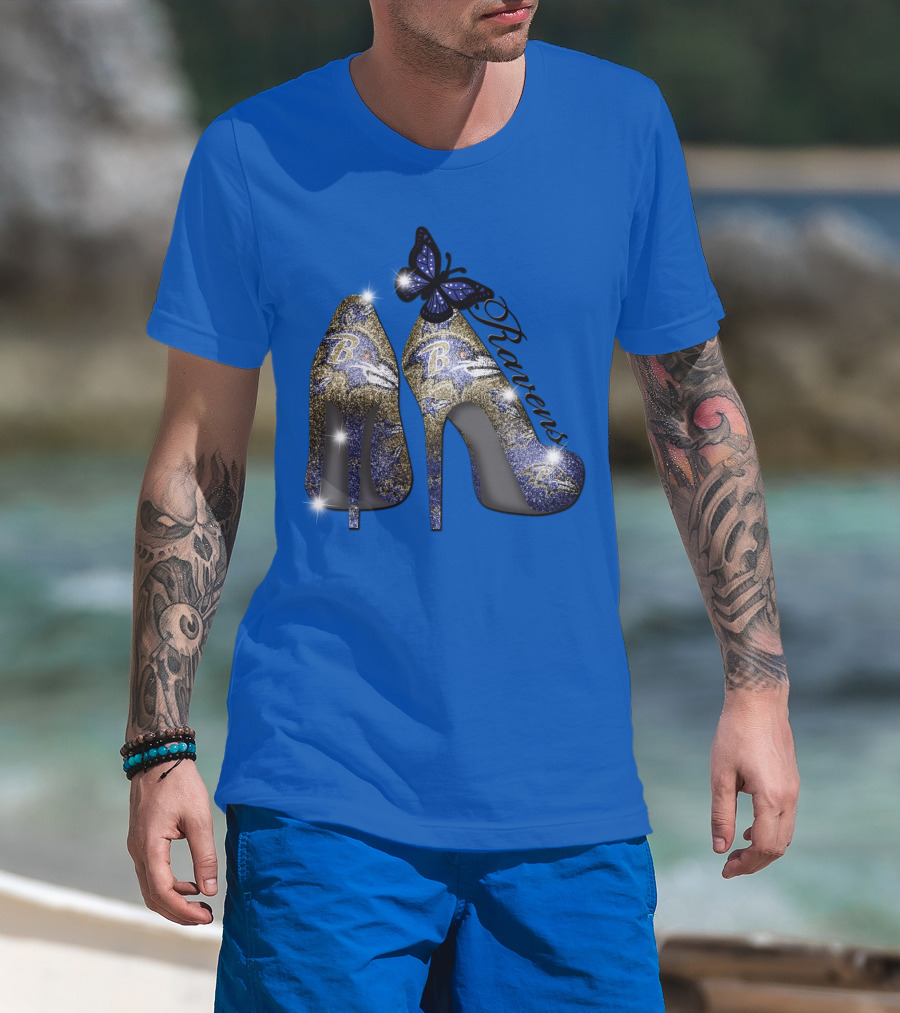 Ravens High Heels With Butterfly Baltimore Ravens Logos T-Shirt