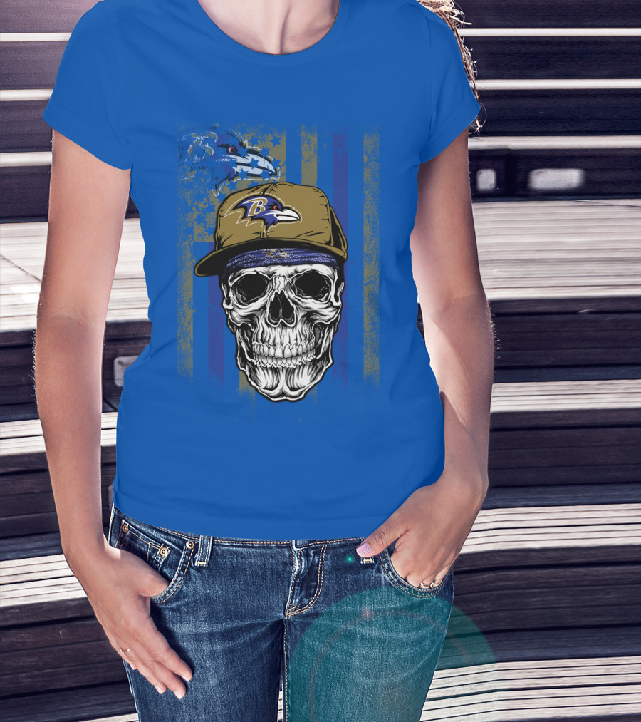 Baltimore Ravens Skull With Hat And Stylized Flag Elements T-Shirt
