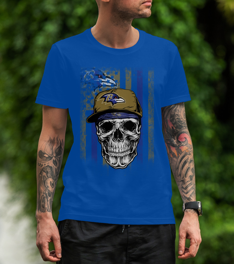 Baltimore Ravens Skull With Hat And Stylized Flag Elements T-Shirt