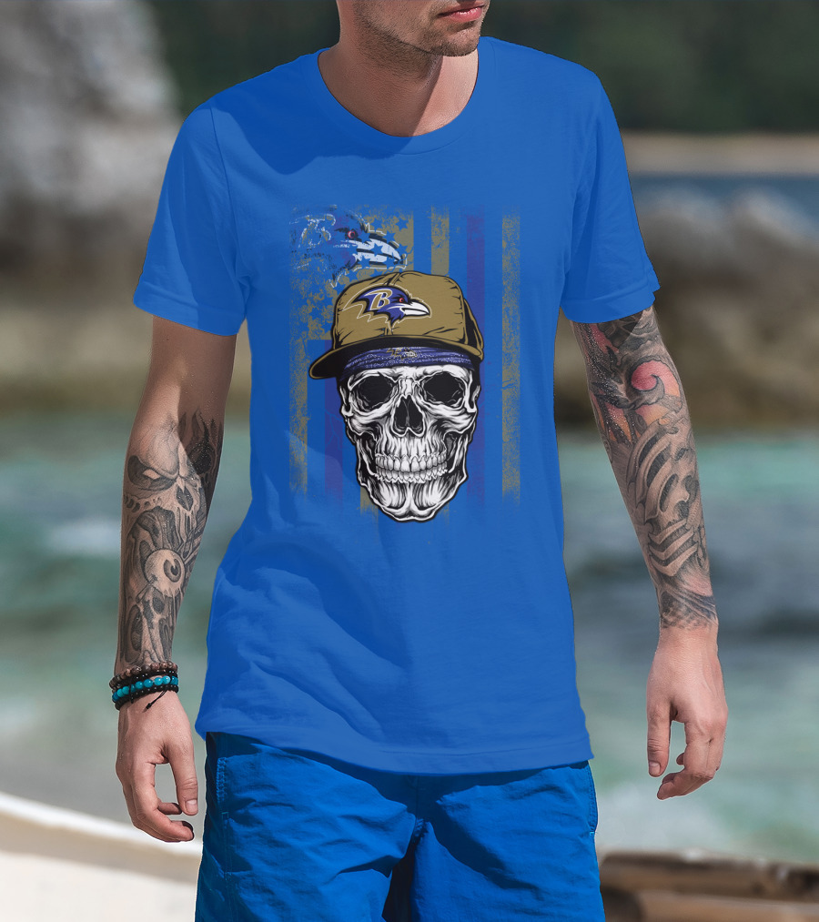 Baltimore Ravens Skull With Hat And Stylized Flag Elements T-Shirt