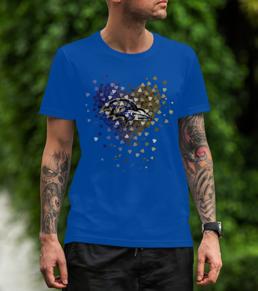 Baltimore Ravens Heart Design With Logo And Multicolored Hearts T-Shirt