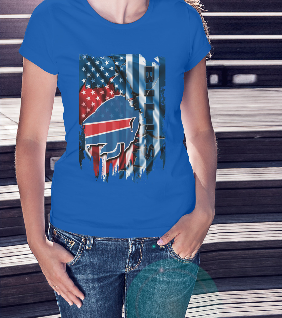 Buffalo Bills American Flag Collage With Team Logo And Bold Vertical T-Shirt