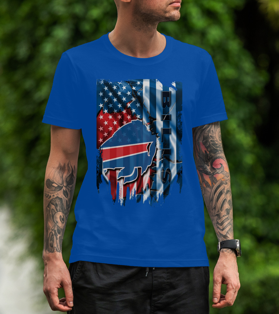 Buffalo Bills American Flag Collage With Team Logo And Bold Vertical T-Shirt
