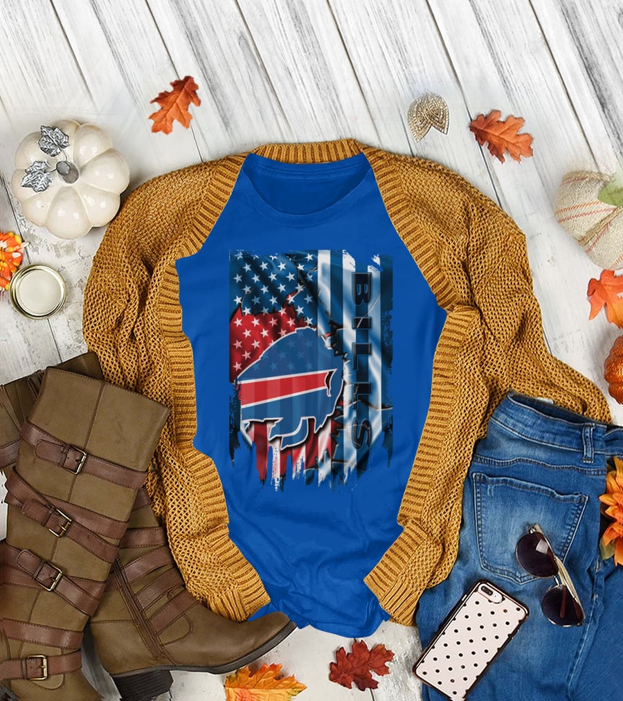 Buffalo Bills American Flag Collage With Team Logo And Bold Vertical T-Shirt