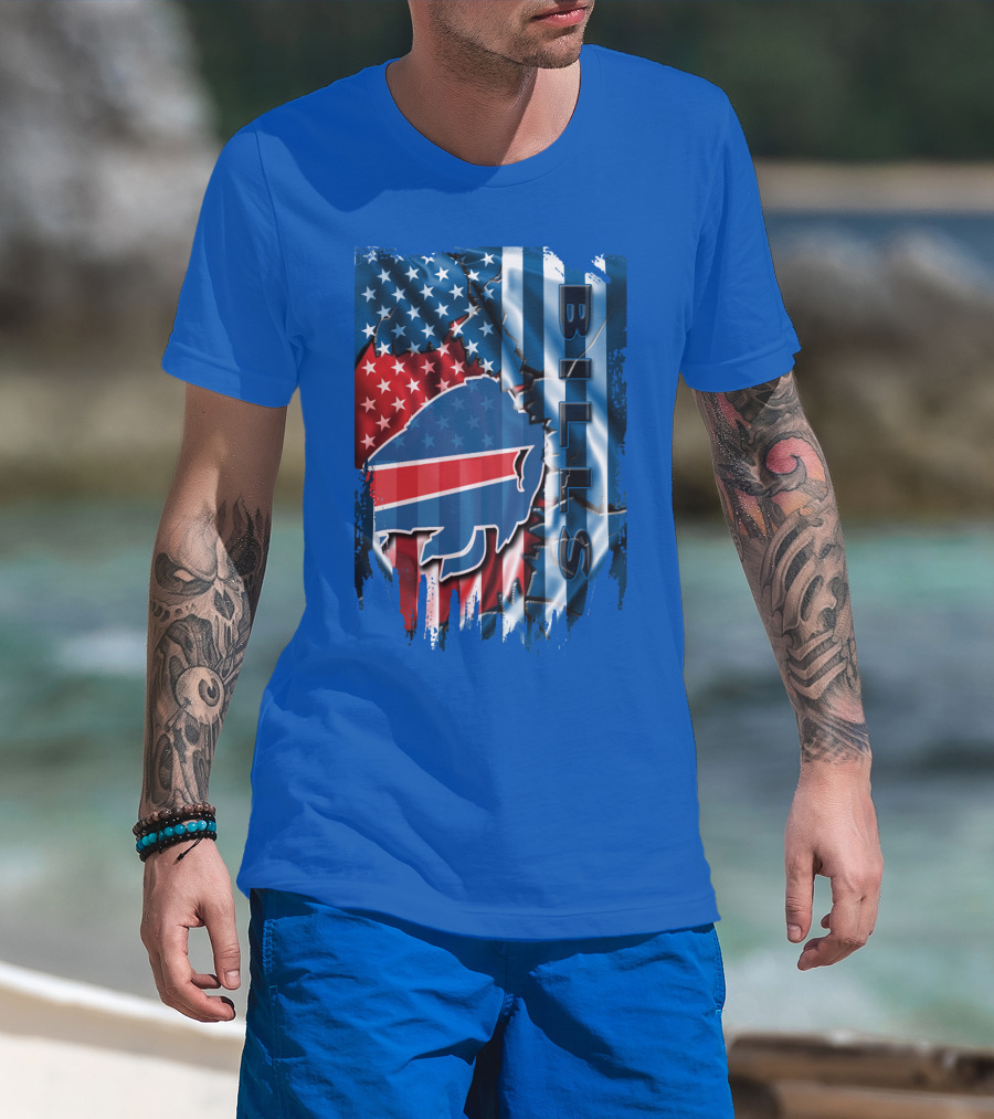 Buffalo Bills American Flag Collage With Team Logo And Bold Vertical T-Shirt