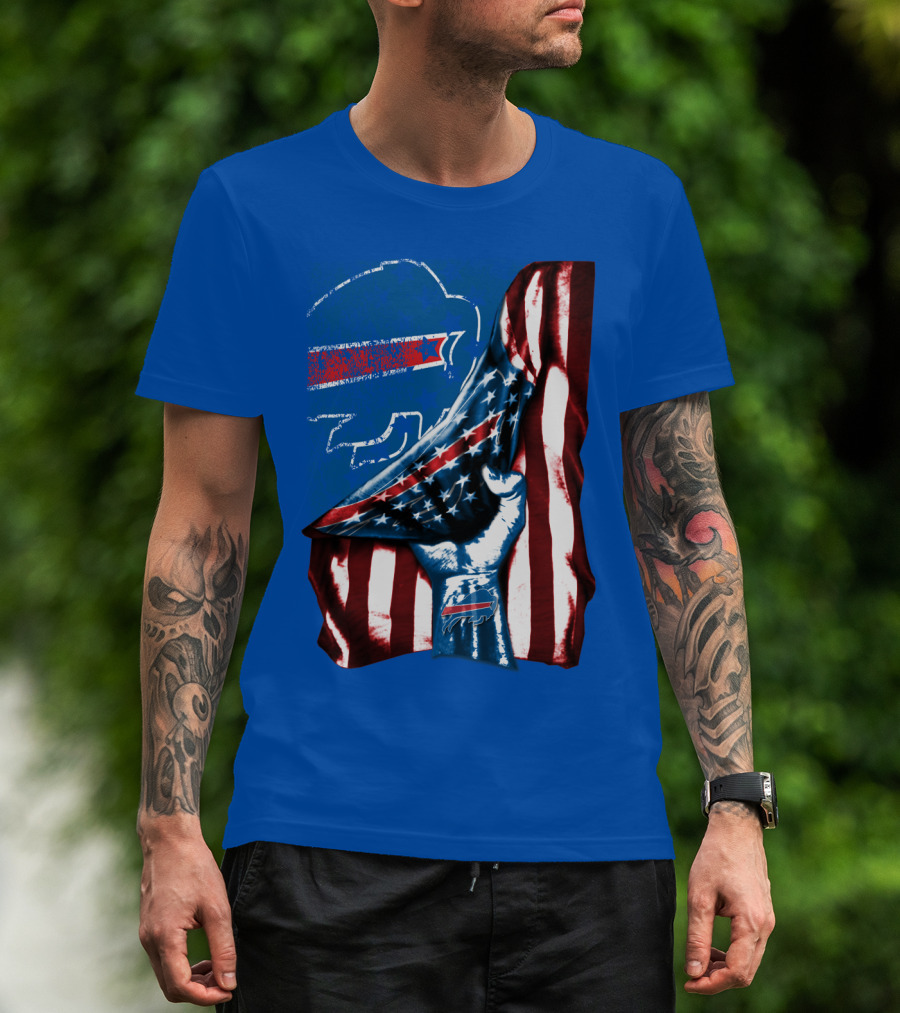Buffalo Bills Patriotic Flag Fist With Team Logo And Silhouette T-Shirt