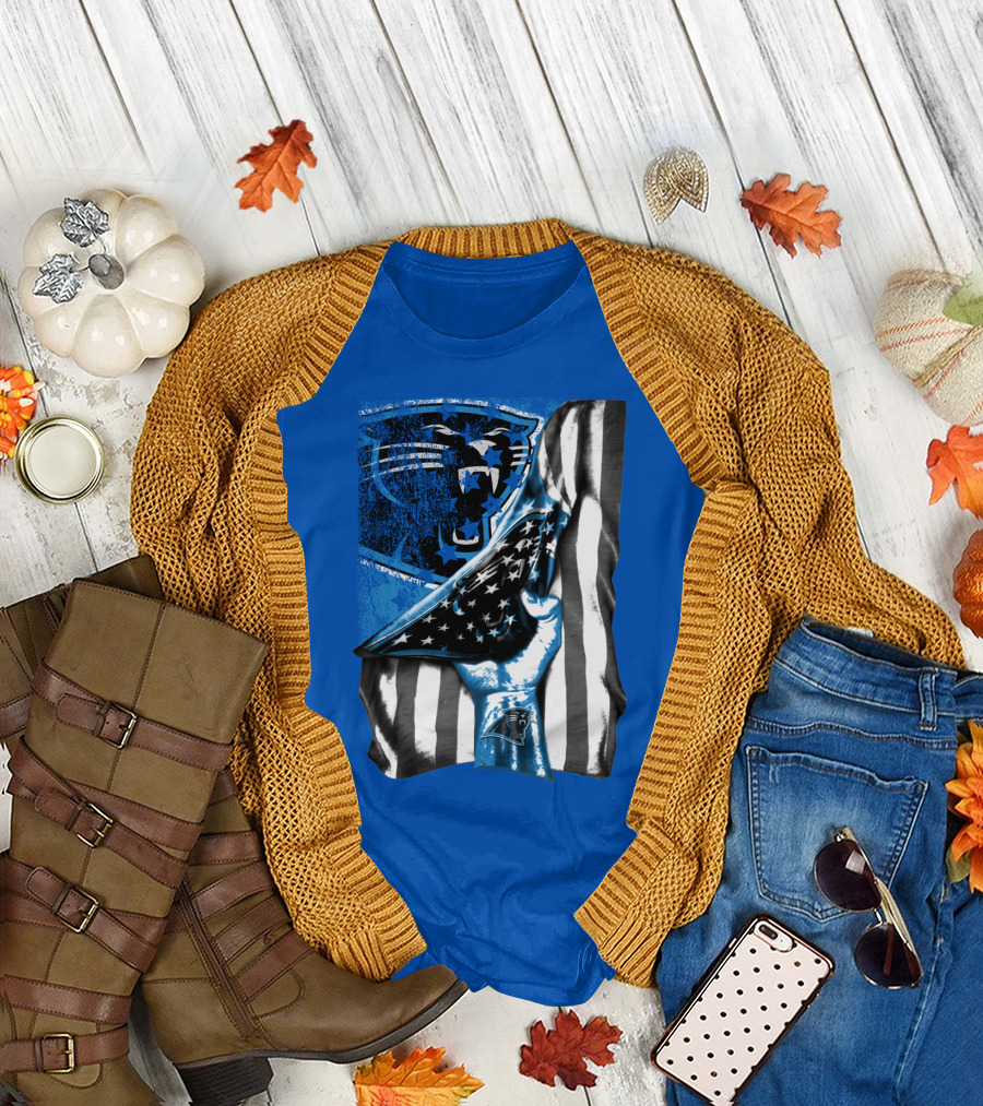 Carolina Panthers American Flag Hand Blue Graphic Fan Merchandise T-Shirt