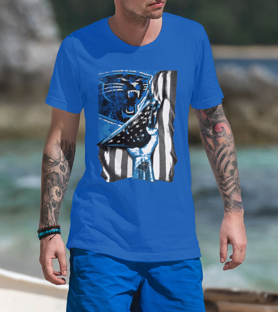 Carolina Panthers American Flag Hand Blue Graphic Fan Merchandise T-Shirt