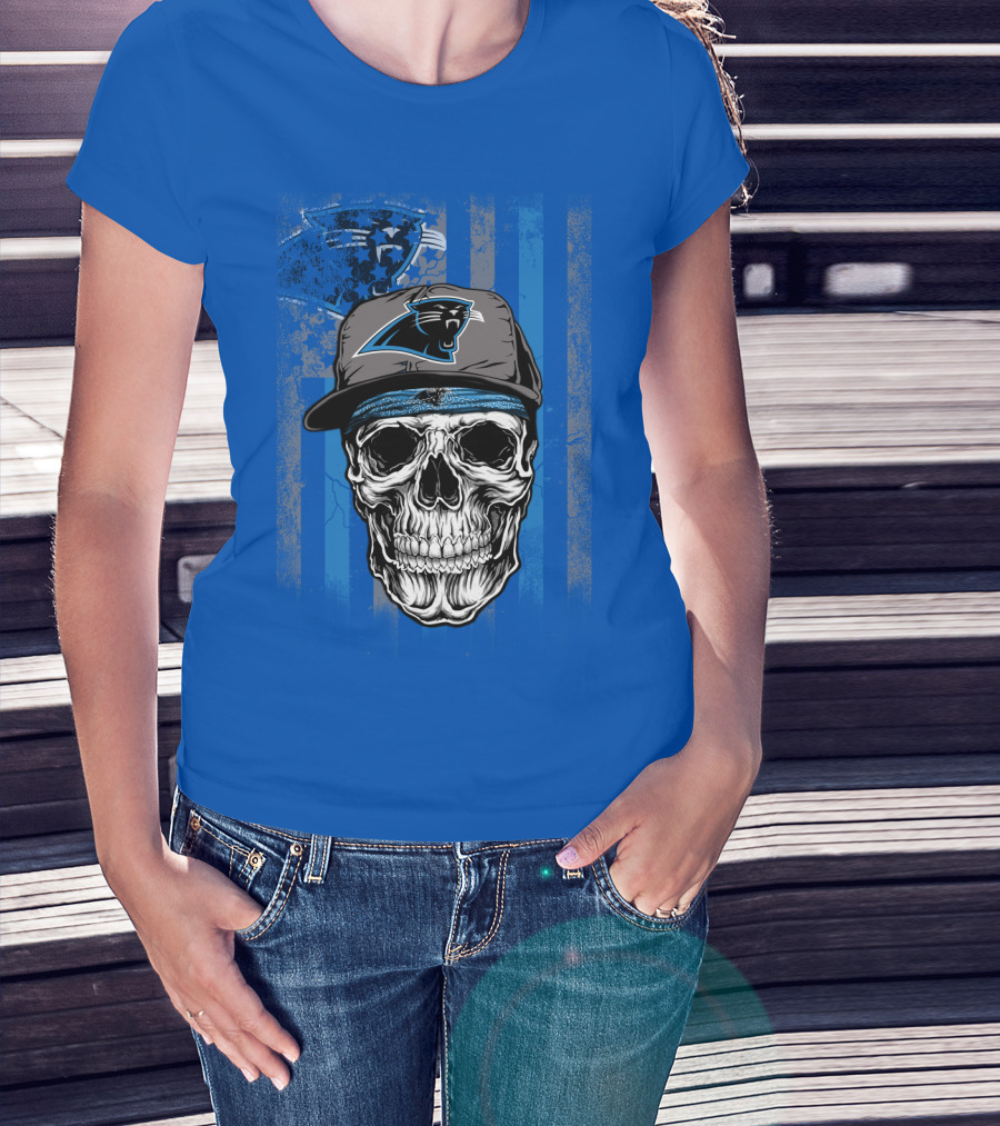 Carolina Panthers Skull With Hat And Striped T-Shirt