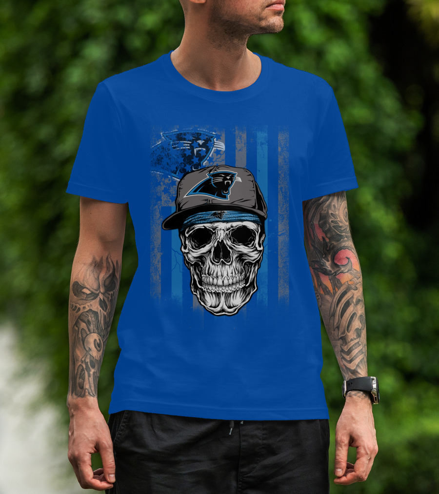 Carolina Panthers Skull With Hat And Striped T-Shirt