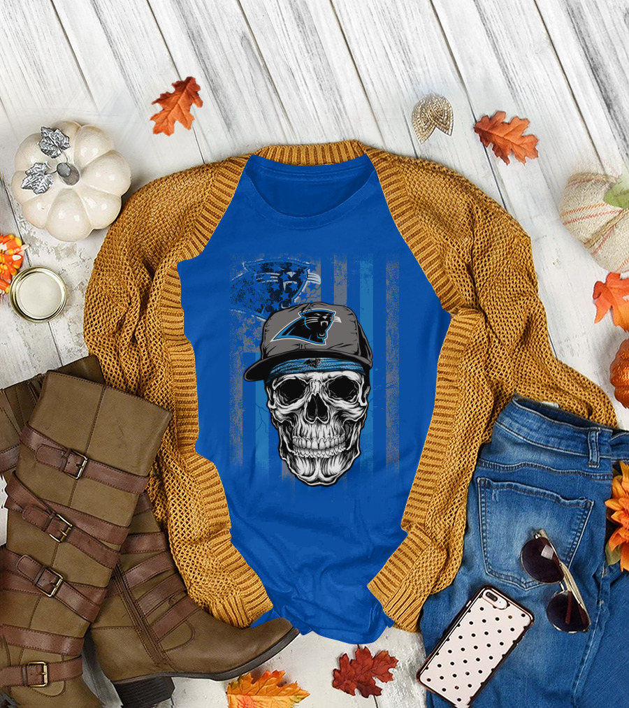 Carolina Panthers Skull With Hat And Striped T-Shirt