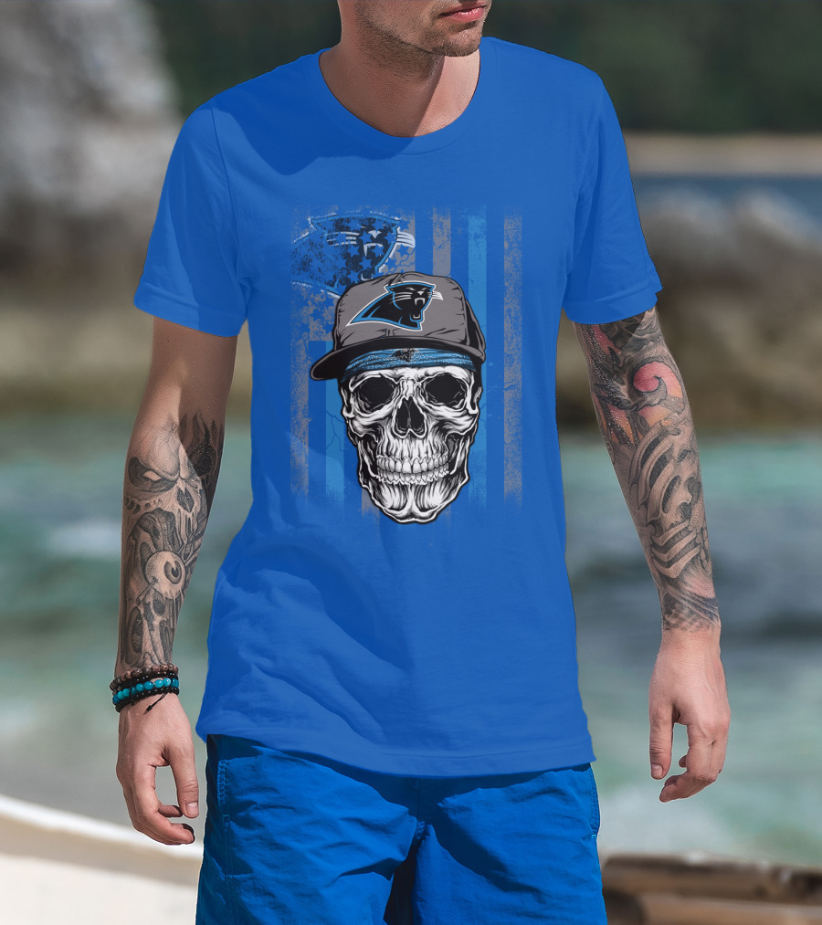 Carolina Panthers Skull With Hat And Striped T-Shirt