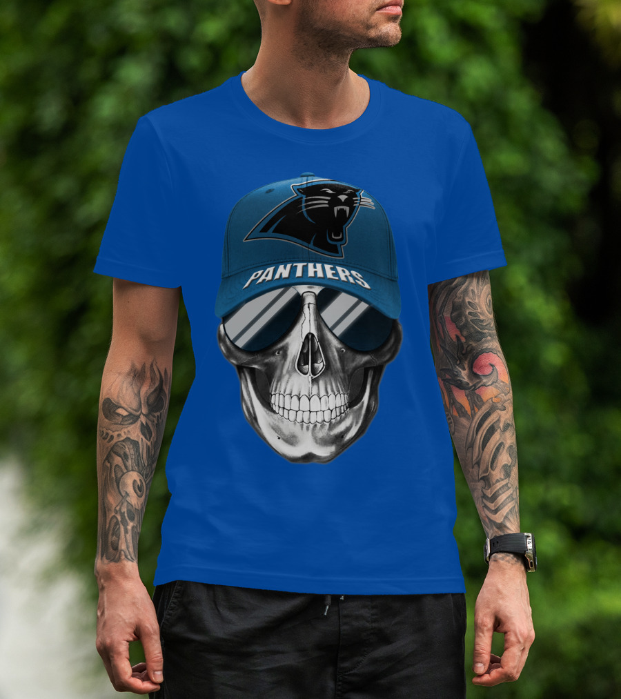 Carolina Panthers Skull Wearing Team Hat And Sunglasses T-Shirt