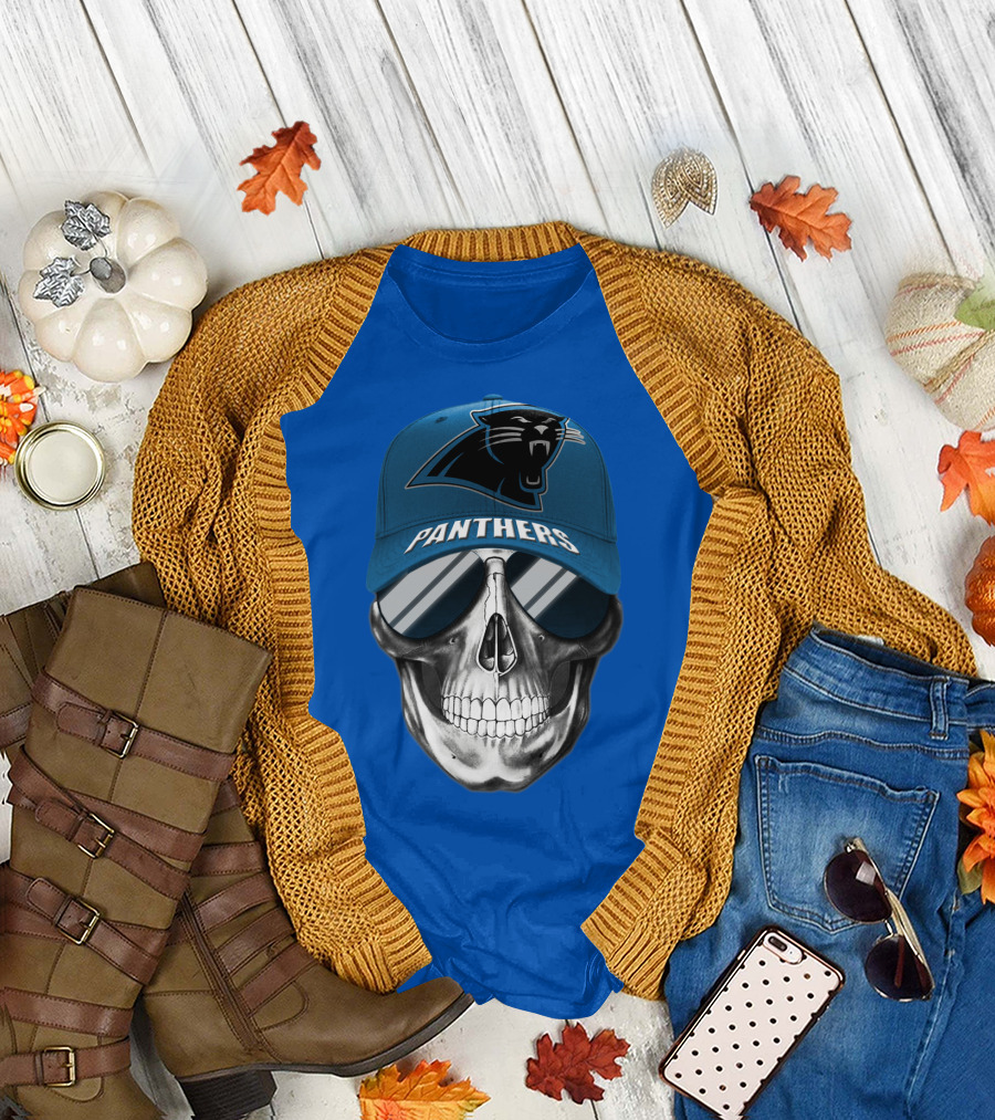 Carolina Panthers Skull Wearing Team Hat And Sunglasses T-Shirt
