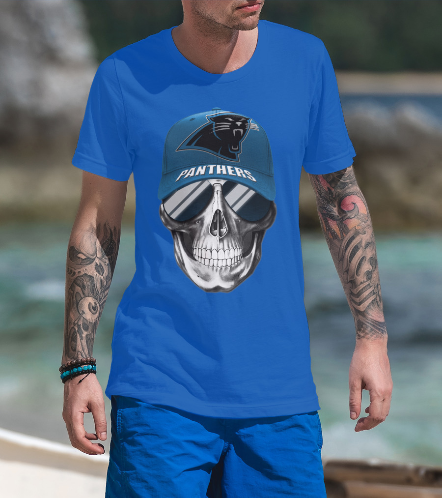 Carolina Panthers Skull Wearing Team Hat And Sunglasses T-Shirt