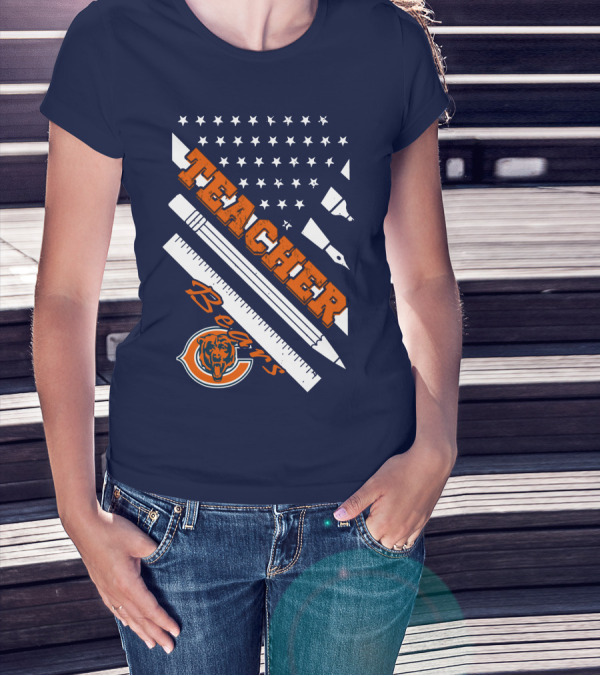 Chicago Bears Teacher American Flag Ruler And Pens T-Shirt