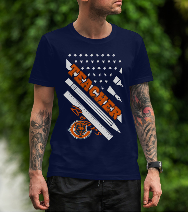 Chicago Bears Teacher American Flag Ruler And Pens T-Shirt