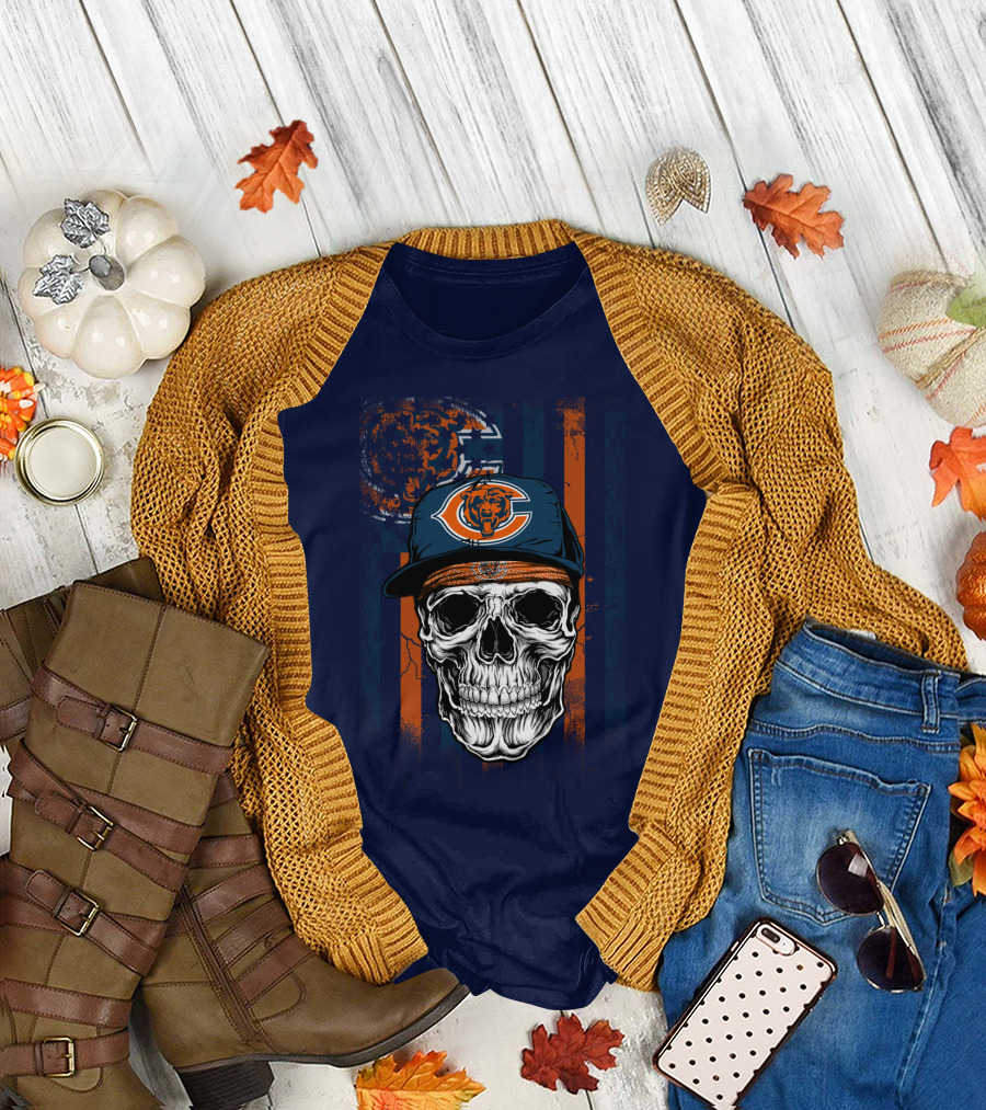 Chicago Bears Skull With Cap And Stripes T-Shirt