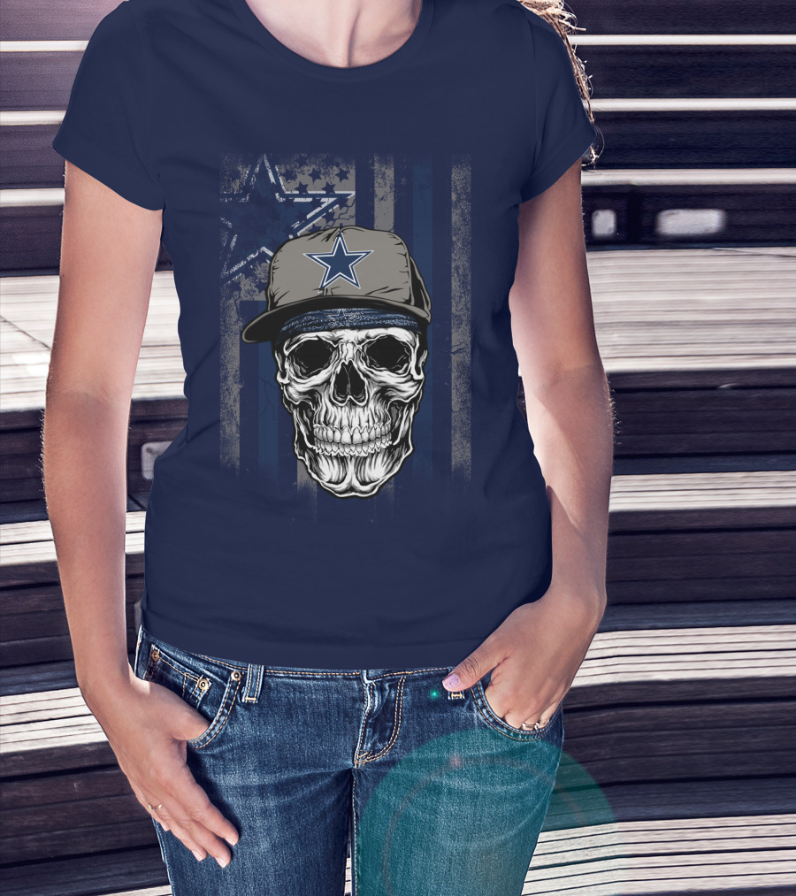 Dallas Cowboys Skull With Star Cap And Grunge Flag T-Shirt